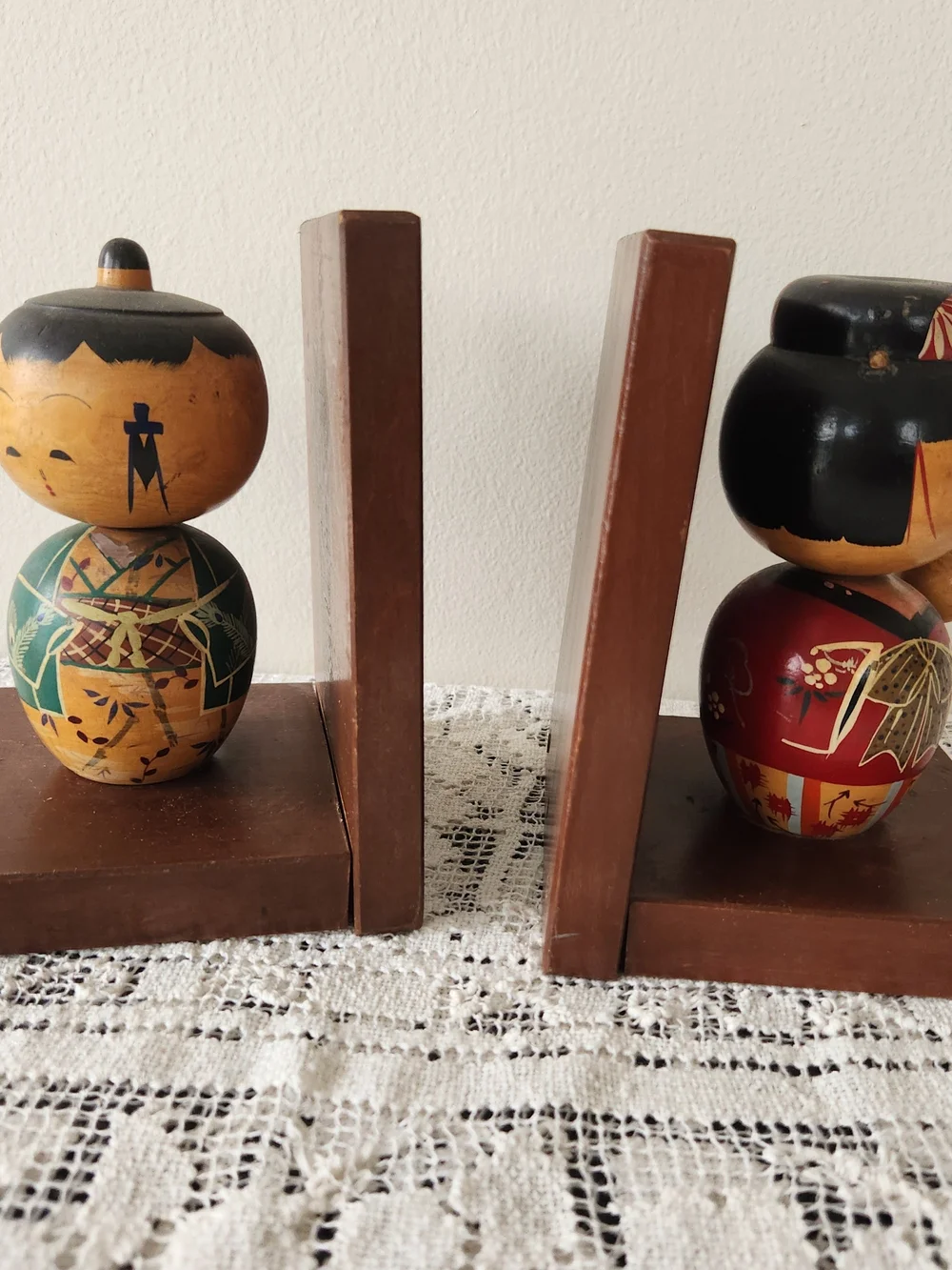 Vintage Hand-Painted Red and Green Kokeshi Doll Pair - Home Accents
